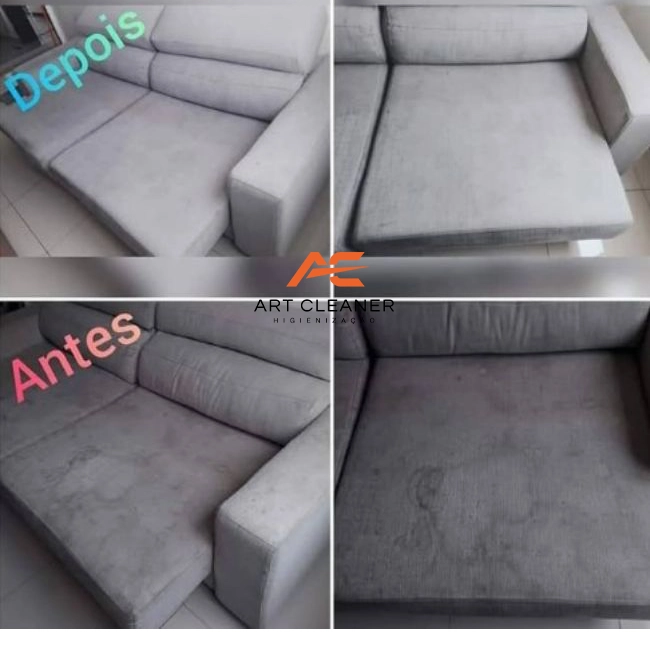 sofa cinza antes: sujo depois: limpo por art cleaner